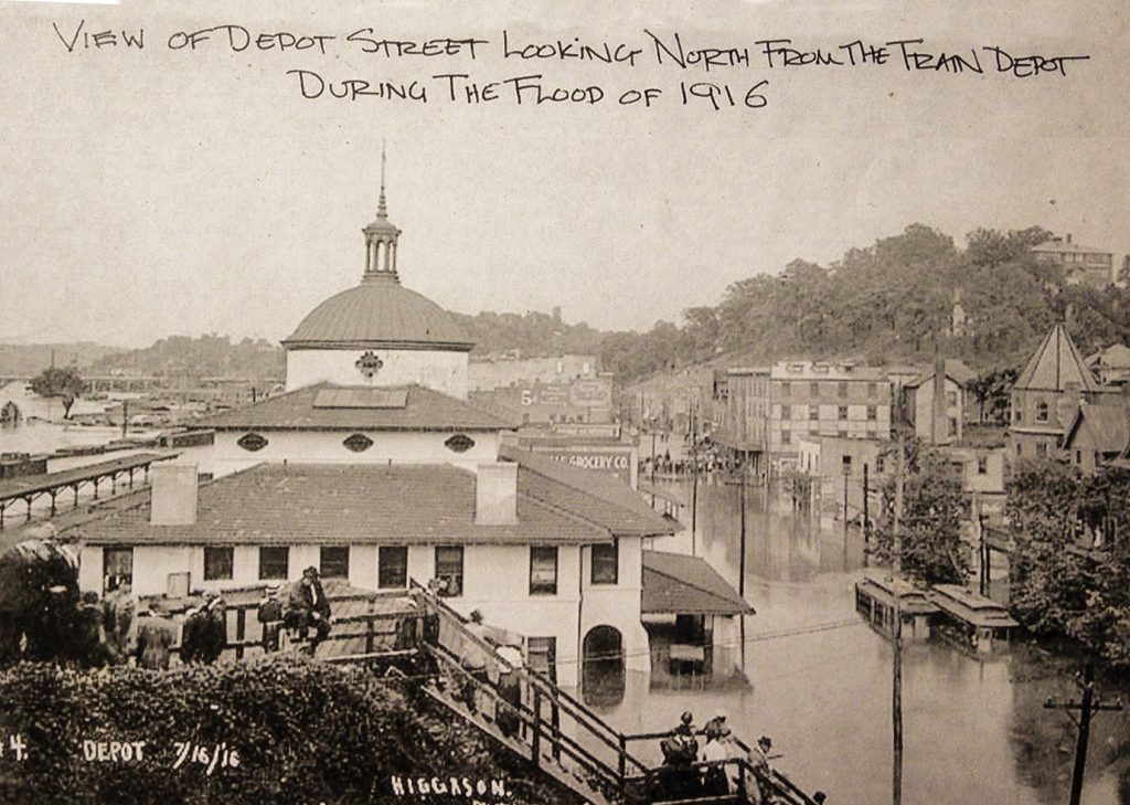 View of Depot Street looking North from the train depot during the flood of 1916. 