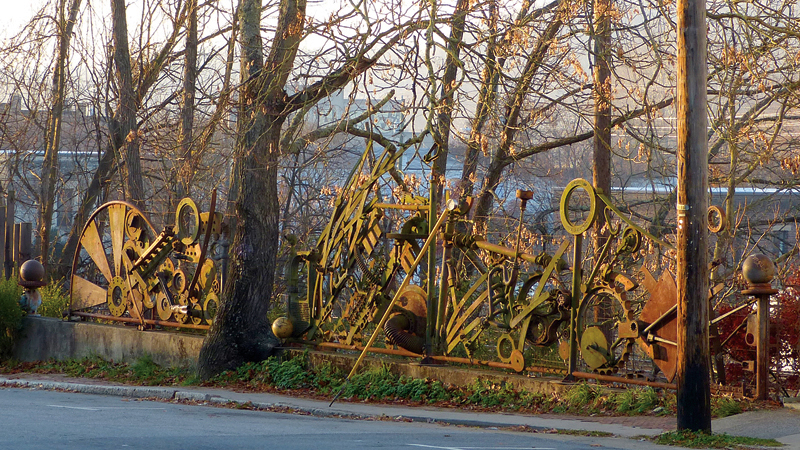 Wedge Walk Wall - outdoor metal sculpture art tour in Asheville River Arts District.