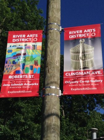 Wayfinding banners in the River Arts District Asheville