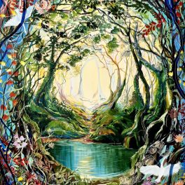White spirit birds flying towards a central portal of light, circling in the trees and a ribbon of blue river running through it, a ruined city in the upper background