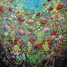 And immersive flower hedge, where rooted dark soil is visible at the bottom of the painting showing how beautiful flowers and life come out of darkness into bursts of color towards a blue sky