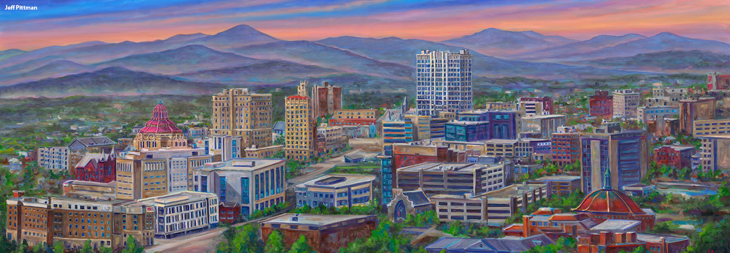 Asheville Skyline painting by Jeff Pittman, River Arts District, Asheville, NC