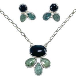 Sterling silver Teal Moss Kyanite and Onyx necklace and earrings.
